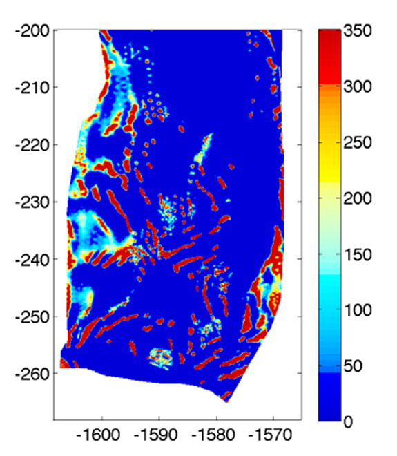 Satellite image of Pine Island Glacier showing the stripes (in red) indicating areas of high friction between the glacier and the underlying bedrock Photo courtesy of Olga Sergienko, Prince