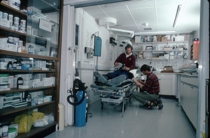 A medical excercise by doctors in the hospital at Rothera